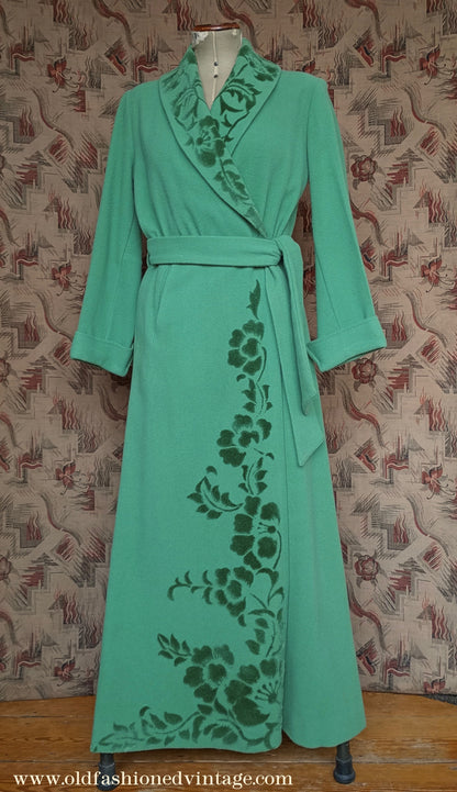 Vintage 1940s 50s Housecoat Dressing Gown Eau De Nil Green Wool Robe UK M