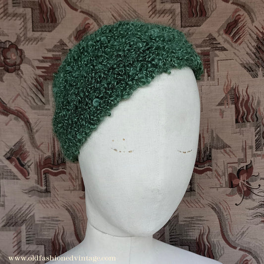 Vintage 1930s 1940s Style Knitted Astrakhan Wool Green Beanie Hat