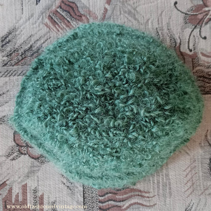 Vintage 1930s 1940s Style Knitted Astrakhan Wool Green Beanie Hat