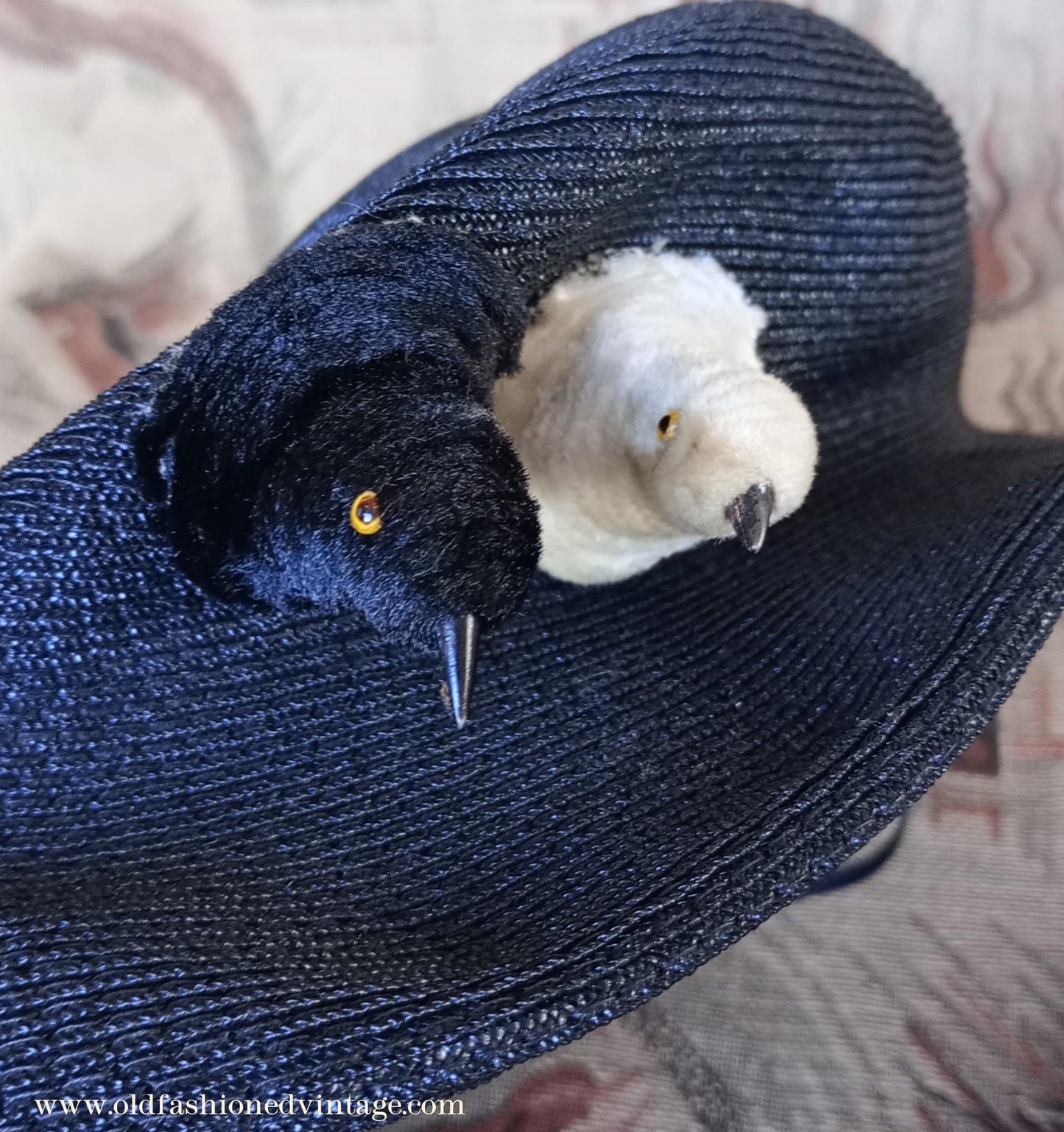 Amazing Vintage 1930s 40s Black Straw Hat Novelty Chenille Faux Bird & Feather Trim Perch