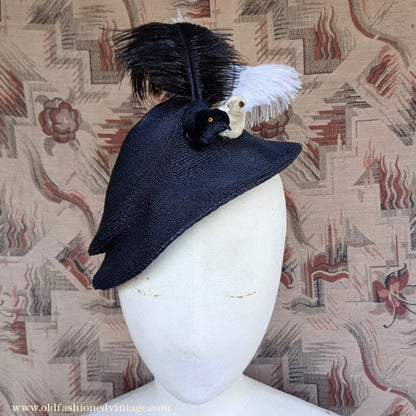 Amazing Vintage 1930s 40s Black Straw Hat Novelty Chenille Faux Bird & Feather Trim Perch