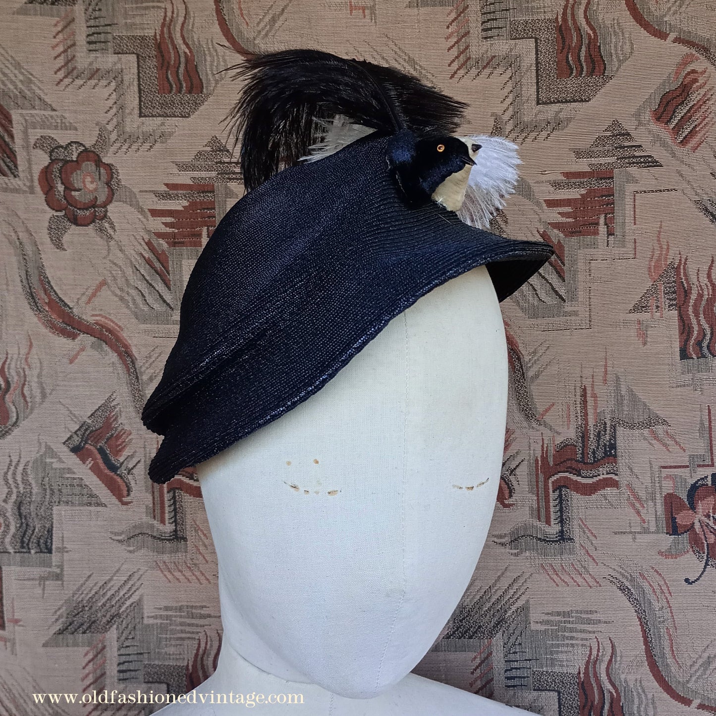 Amazing Vintage 1930s 40s Black Straw Hat Novelty Chenille Faux Bird & Feather Trim Perch