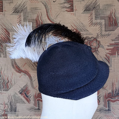 Amazing Vintage 1930s 40s Black Straw Hat Novelty Chenille Faux Bird & Feather Trim Perch