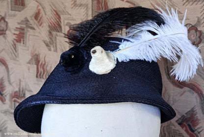 Amazing Vintage 1930s 40s Black Straw Hat Novelty Chenille Faux Bird & Feather Trim Perch