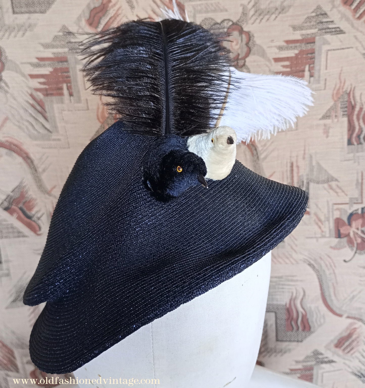 Amazing Vintage 1930s 40s Black Straw Hat Novelty Chenille Faux Bird & Feather Trim Perch