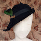 Vintage 1930s 1940s Black Felt Hat Green Suede Trim Brass Tone Hat Pin