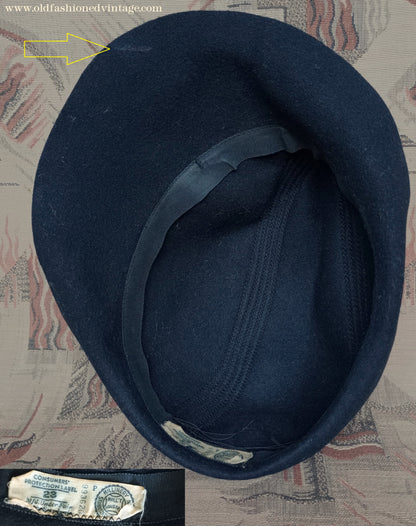 Vintage 1930s 1940s Black Felt Hat Green Suede Trim Brass Tone Hat Pin