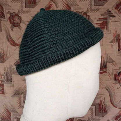 Vintage Style Crochet Beanie Hat Green Wool Skull Cap