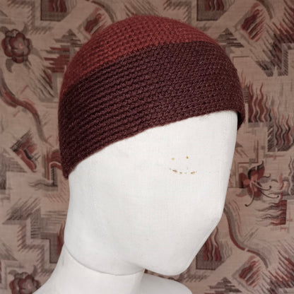 Vintage Style Crochet Beanie Hat Brown Two Tone Wool Skull Cap