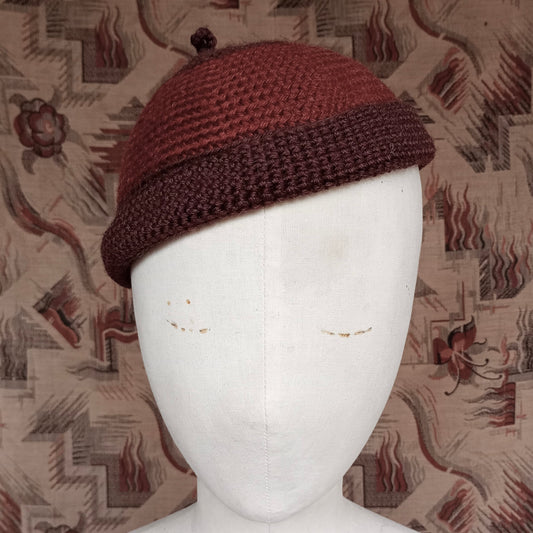 Vintage Style Crochet Beanie Hat Brown Two Tone Wool Skull Cap