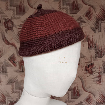 Vintage Style Crochet Beanie Hat Brown Two Tone Wool Skull Cap