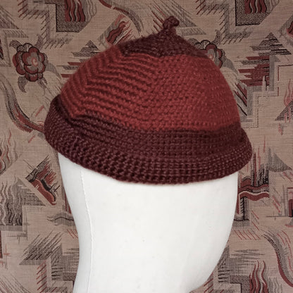 Vintage Style Crochet Beanie Hat Brown Two Tone Wool Skull Cap