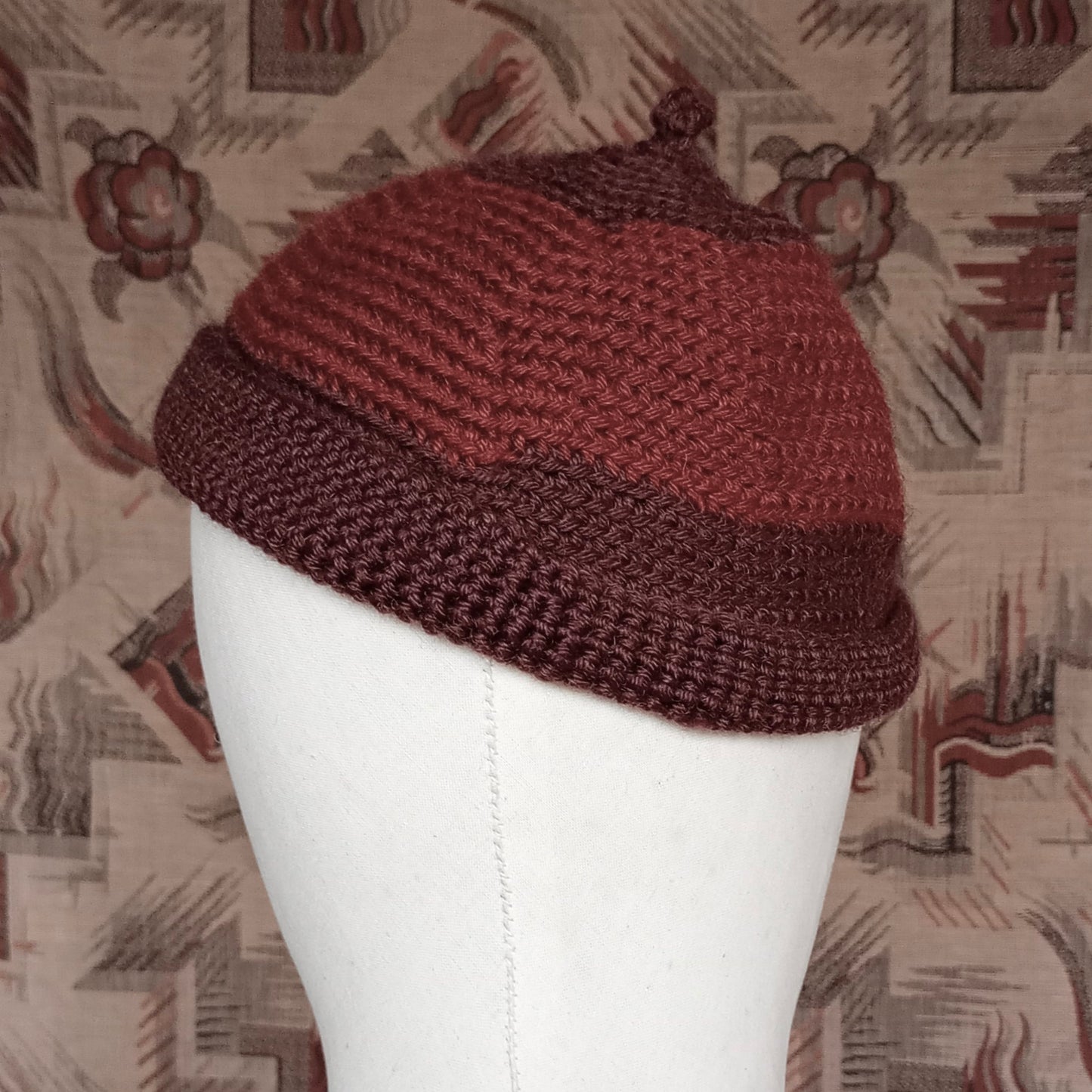 Vintage Style Crochet Beanie Hat Brown Two Tone Wool Skull Cap