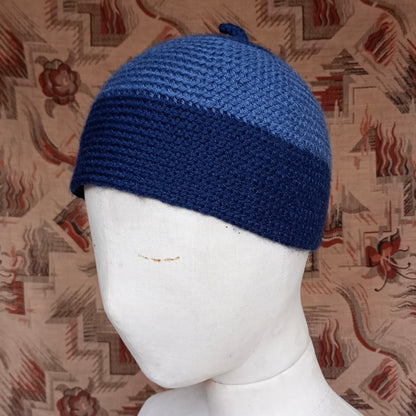 Vintage Style Crochet Beanie Hat Blue Two Tone Skull Cap