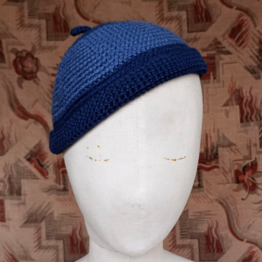 Vintage Style Crochet Beanie Hat Blue Two Tone Skull Cap