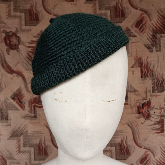 Vintage Style Crochet Beanie Hat Green Wool Skull Cap