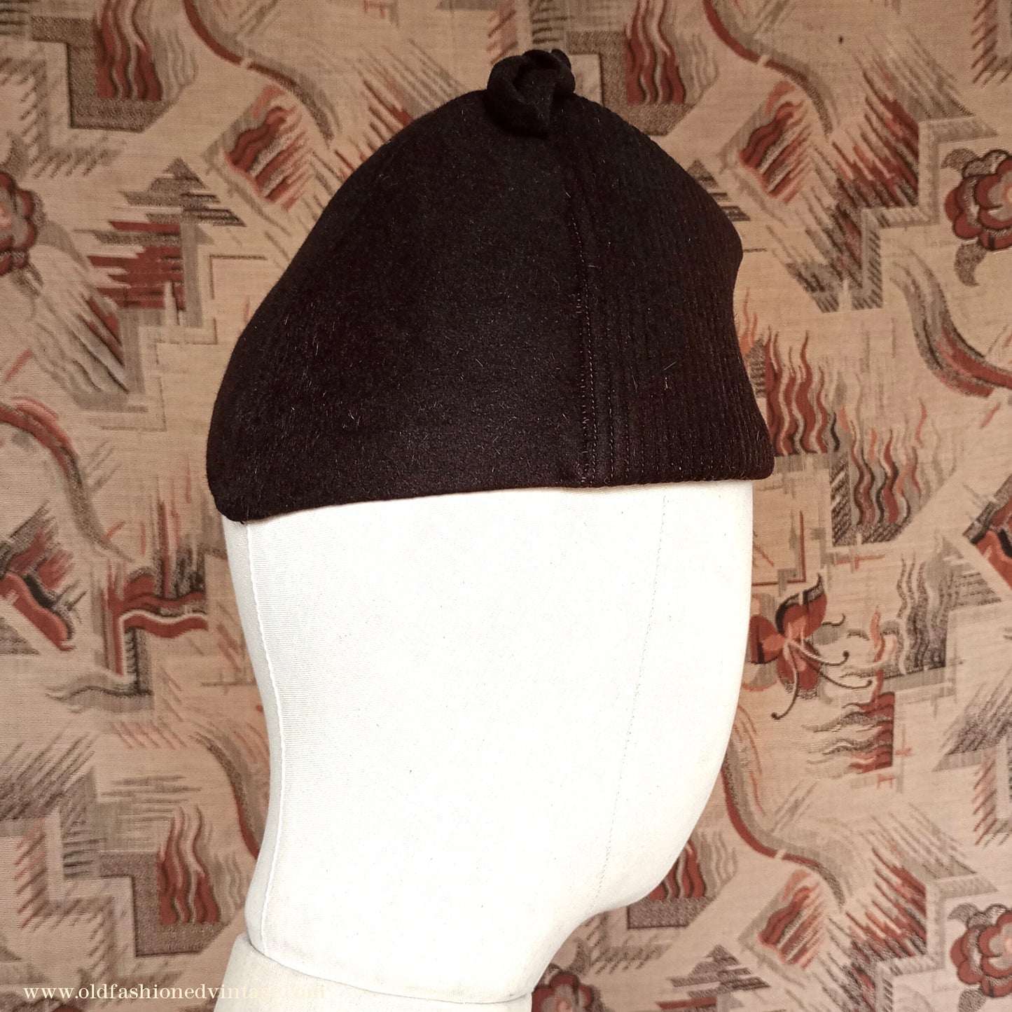 Vintage 1930s 1940s French Brown Felt Hat Forage Side Cap Pom Pom Fur Trim