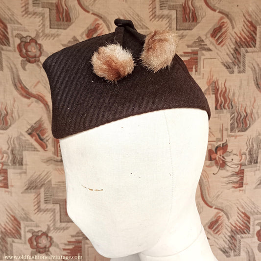 Vintage 1930s 1940s French Brown Felt Hat Forage Side Cap Pom Pom Fur Trim