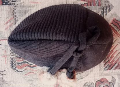 Vintage 1930s 1940s French Brown Felt Hat Forage Side Cap Pom Pom Fur Trim