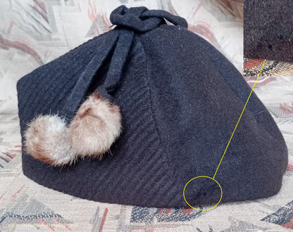 Vintage 1930s 1940s French Brown Felt Hat Forage Side Cap Pom Pom Fur Trim