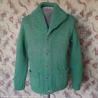 Vintage Mens 1950s Chunky Shawl Collar Cardigan Sweater Green Hand Knit Knitted Wool Jacket UK L