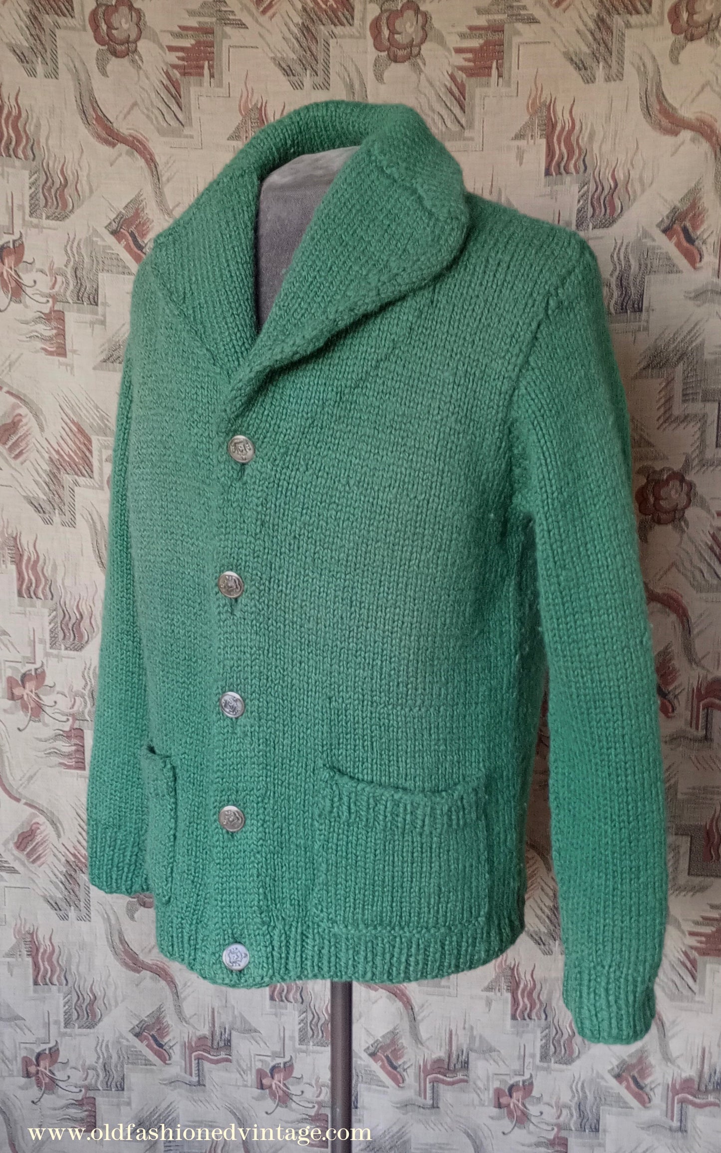 Vintage Mens 1950s Chunky Shawl Collar Cardigan Sweater Green Hand Knit Knitted Wool Jacket UK L