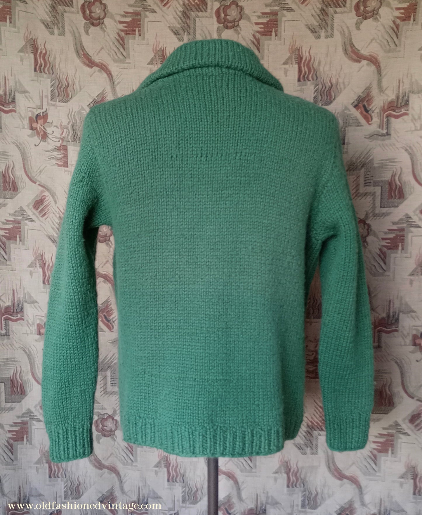 Vintage Mens 1950s Chunky Shawl Collar Cardigan Sweater Green Hand Knit Knitted Wool Jacket UK L