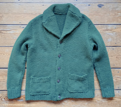 Vintage Mens 1950s Chunky Shawl Collar Cardigan Sweater Green Hand Knit Knitted Wool Jacket UK L