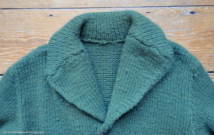 Vintage Mens 1950s Chunky Shawl Collar Cardigan Sweater Green Hand Knit Knitted Wool Jacket UK L