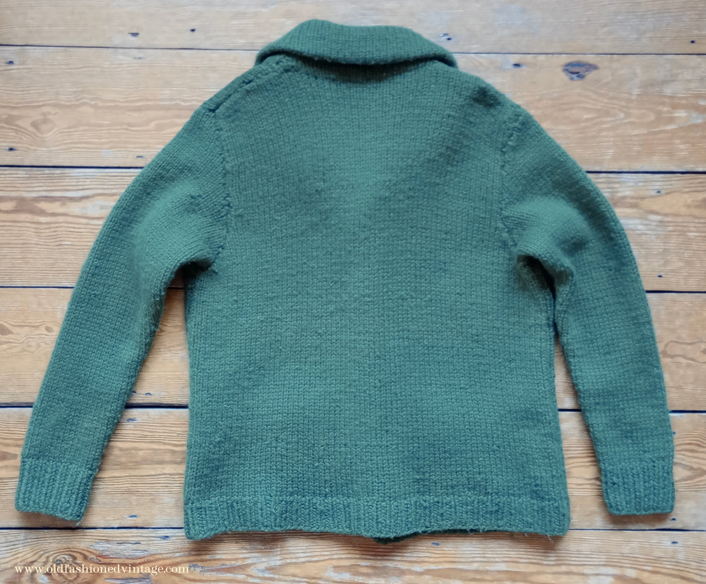 Vintage Mens 1950s Chunky Shawl Collar Cardigan Sweater Green Hand Knit Knitted Wool Jacket UK L