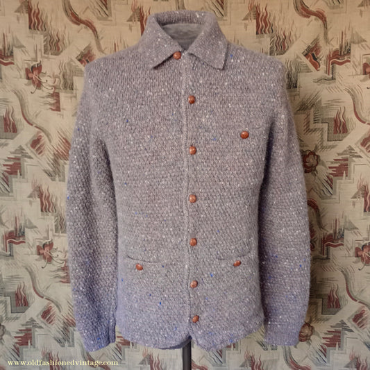 Vintage Mens 1980s Bill Blass Cardigan Jacket Taupe Donegal Fleck Knit Knitted Wool Sweater  UK S