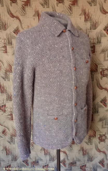 Vintage Mens 1980s Bill Blass Cardigan Jacket Taupe Donegal Fleck Knit Knitted Wool Sweater  UK S