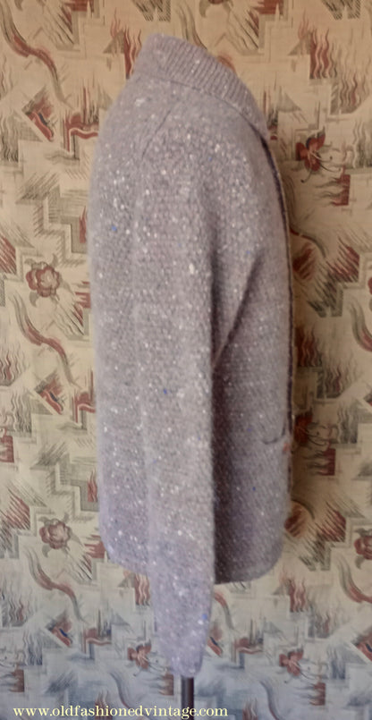 Vintage Mens 1980s Bill Blass Cardigan Jacket Taupe Donegal Fleck Knit Knitted Wool Sweater  UK S
