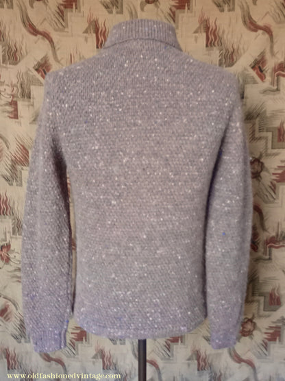 Vintage Mens 1980s Bill Blass Cardigan Jacket Taupe Donegal Fleck Knit Knitted Wool Sweater  UK S