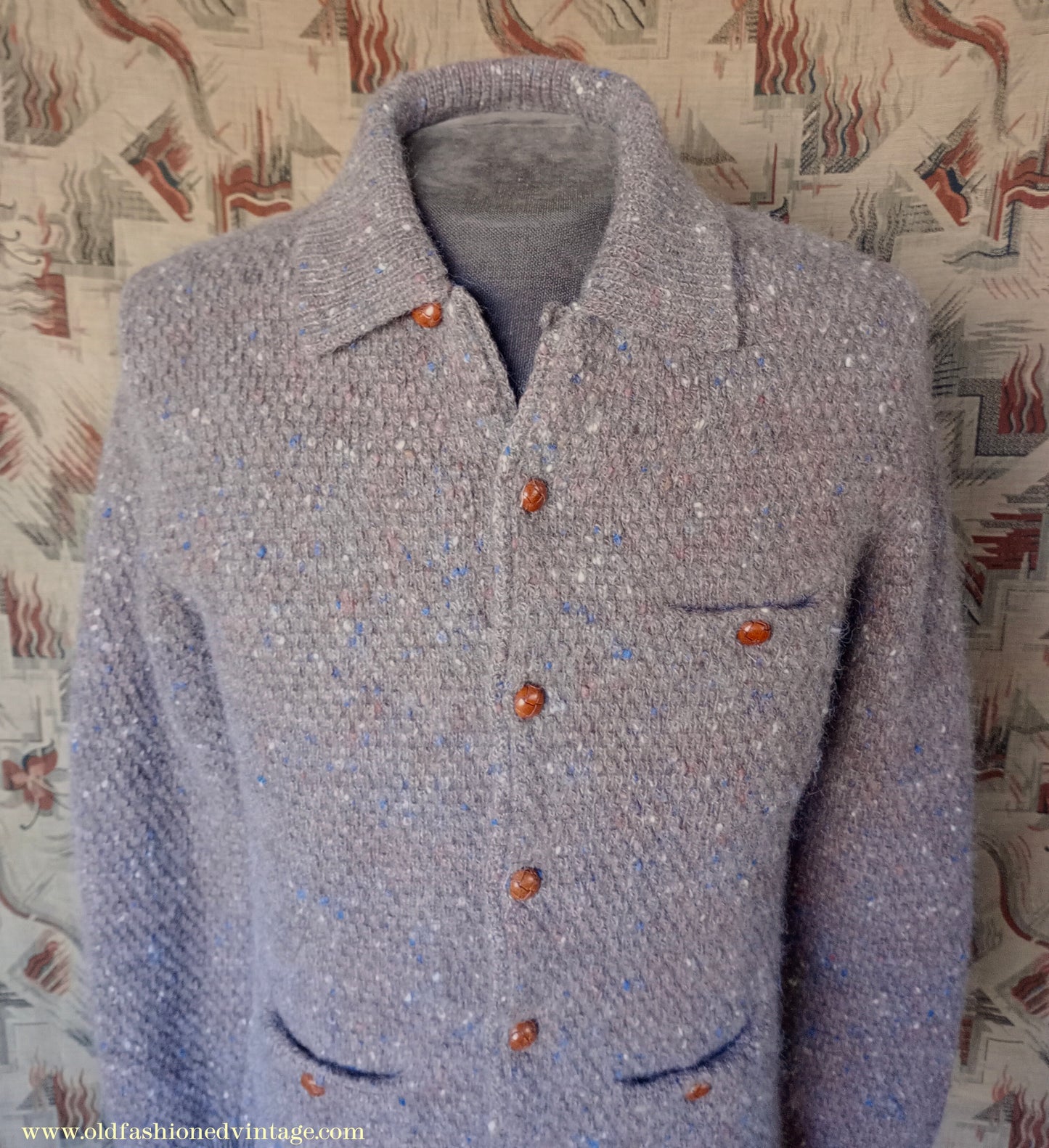 Vintage Mens 1980s Bill Blass Cardigan Jacket Taupe Donegal Fleck Knit Knitted Wool Sweater  UK S