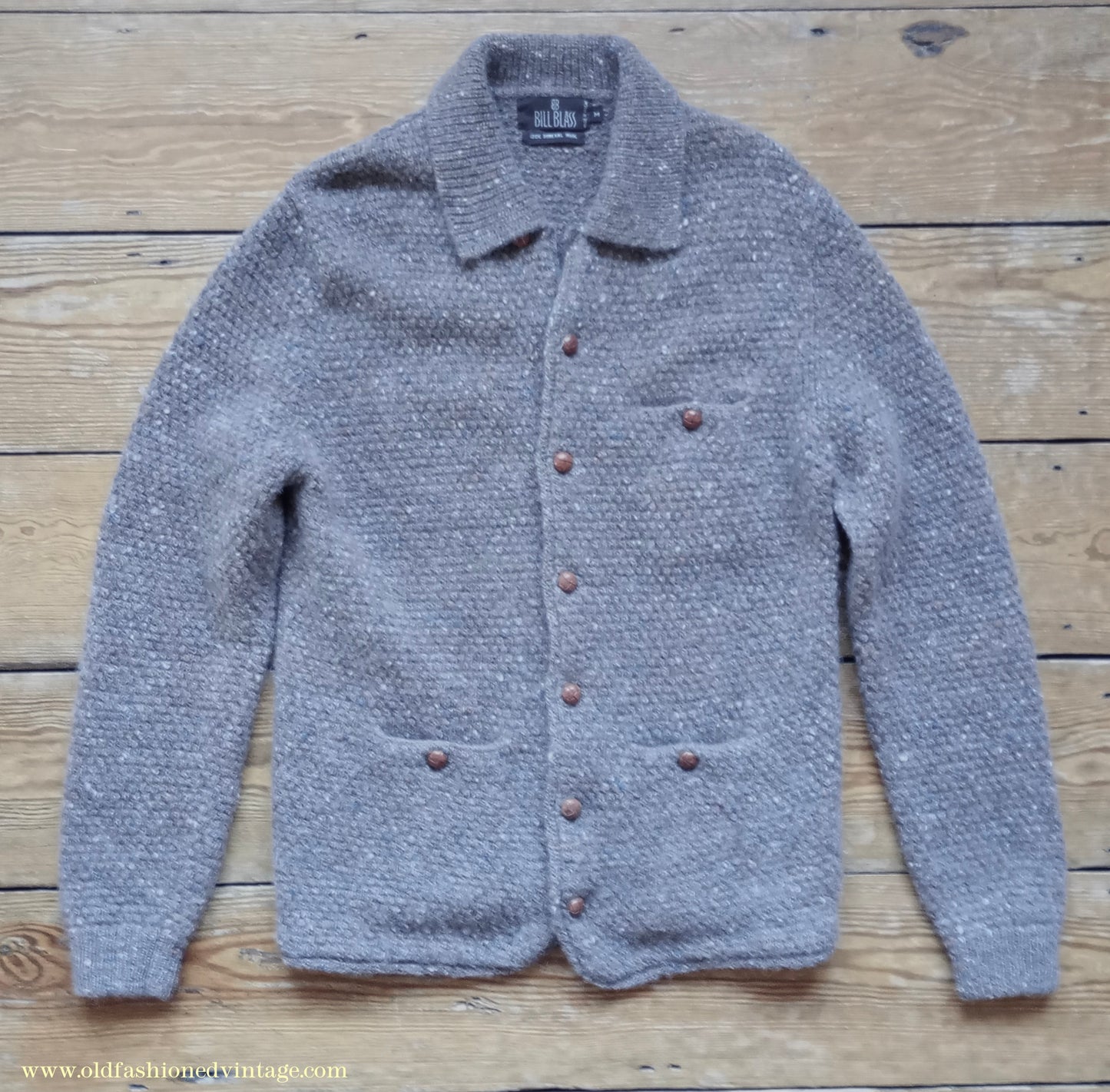 Vintage Mens 1980s Bill Blass Cardigan Jacket Taupe Donegal Fleck Knit Knitted Wool Sweater  UK S