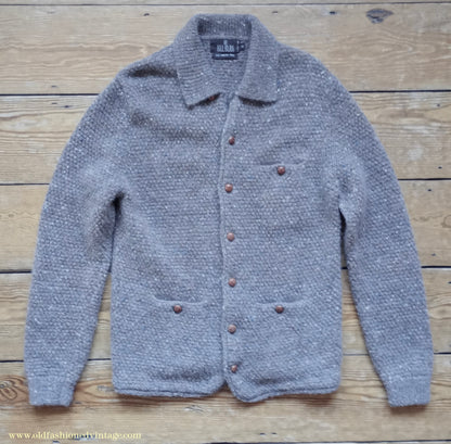 Vintage Mens 1980s Bill Blass Cardigan Jacket Taupe Donegal Fleck Knit Knitted Wool Sweater  UK S