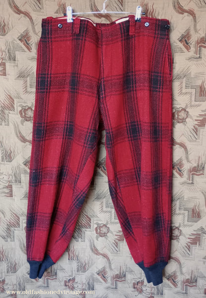 Vintage Mens 1940s 1950s American Red Black Plaid Wool Trousers XL 42"