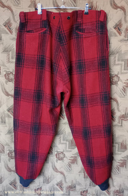 Vintage Mens 1940s 1950s American Red Black Plaid Wool Trousers XL 42"