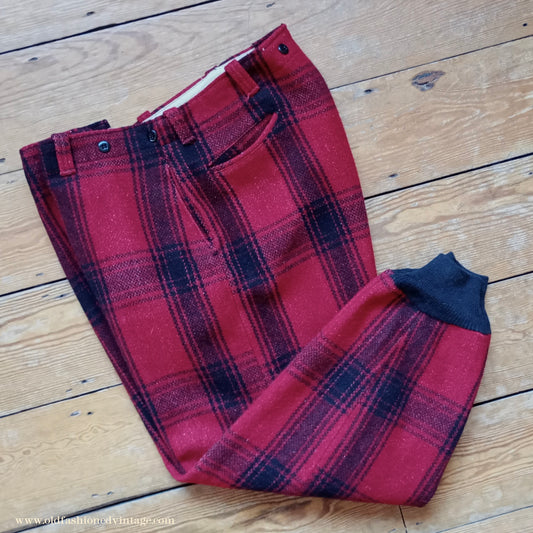 Vintage Mens 1940s 1950s American Red Black Plaid Wool Trousers XL 42"