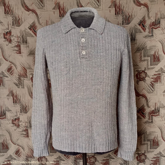 Vintage Mens 1950s Hand Knitted Ribbed Jumper Polo Collar Knit Sweater Marled Taupe UK L