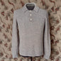 Vintage Mens 1950s Hand Knitted Ribbed Jumper Polo Collar Knit Sweater Marled Taupe UK L