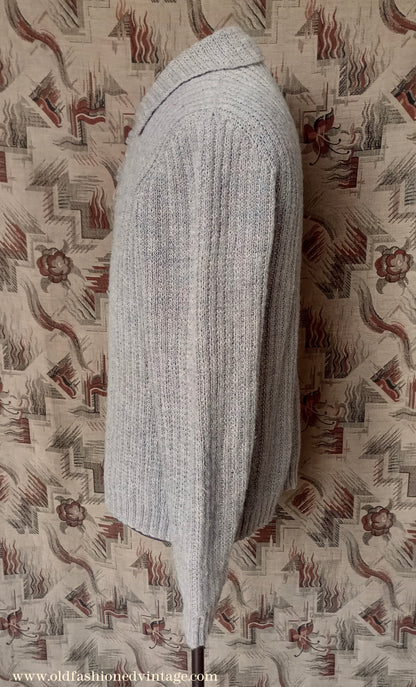 Vintage Mens 1950s Hand Knitted Ribbed Jumper Polo Collar Knit Sweater Marled Taupe UK L