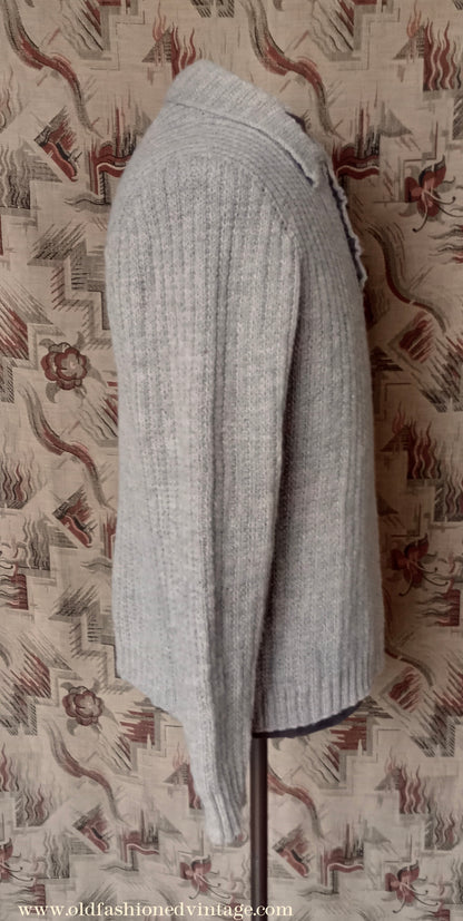 Vintage Mens 1950s Hand Knitted Ribbed Jumper Polo Collar Knit Sweater Marled Taupe UK L