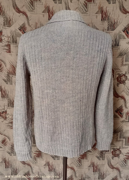 Vintage Mens 1950s Hand Knitted Ribbed Jumper Polo Collar Knit Sweater Marled Taupe UK L