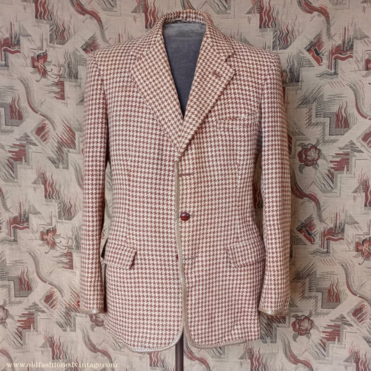 Vintage Mens 1950s Harris Tweed Sports Jacket Brown Shepherd Check Leather Trim 40"