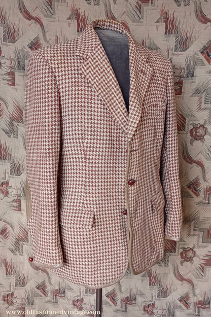 Vintage Mens 1950s Harris Tweed Sports Jacket Brown Shepherd Check Leather Trim 40"
