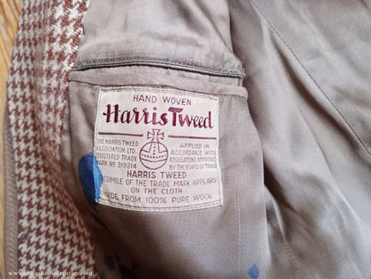 Vintage Mens 1950s Harris Tweed Sports Jacket Brown Shepherd Check Leather Trim 40"