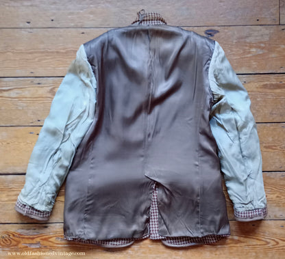 Vintage Mens 1950s Harris Tweed Sports Jacket Brown Shepherd Check Leather Trim 40"