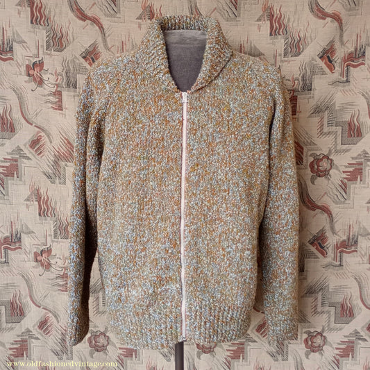 Vintage Mens 1950s Hand Knitted Lumberjacket Zip Up Cardigan Sweater Brown Green Marl UK XL